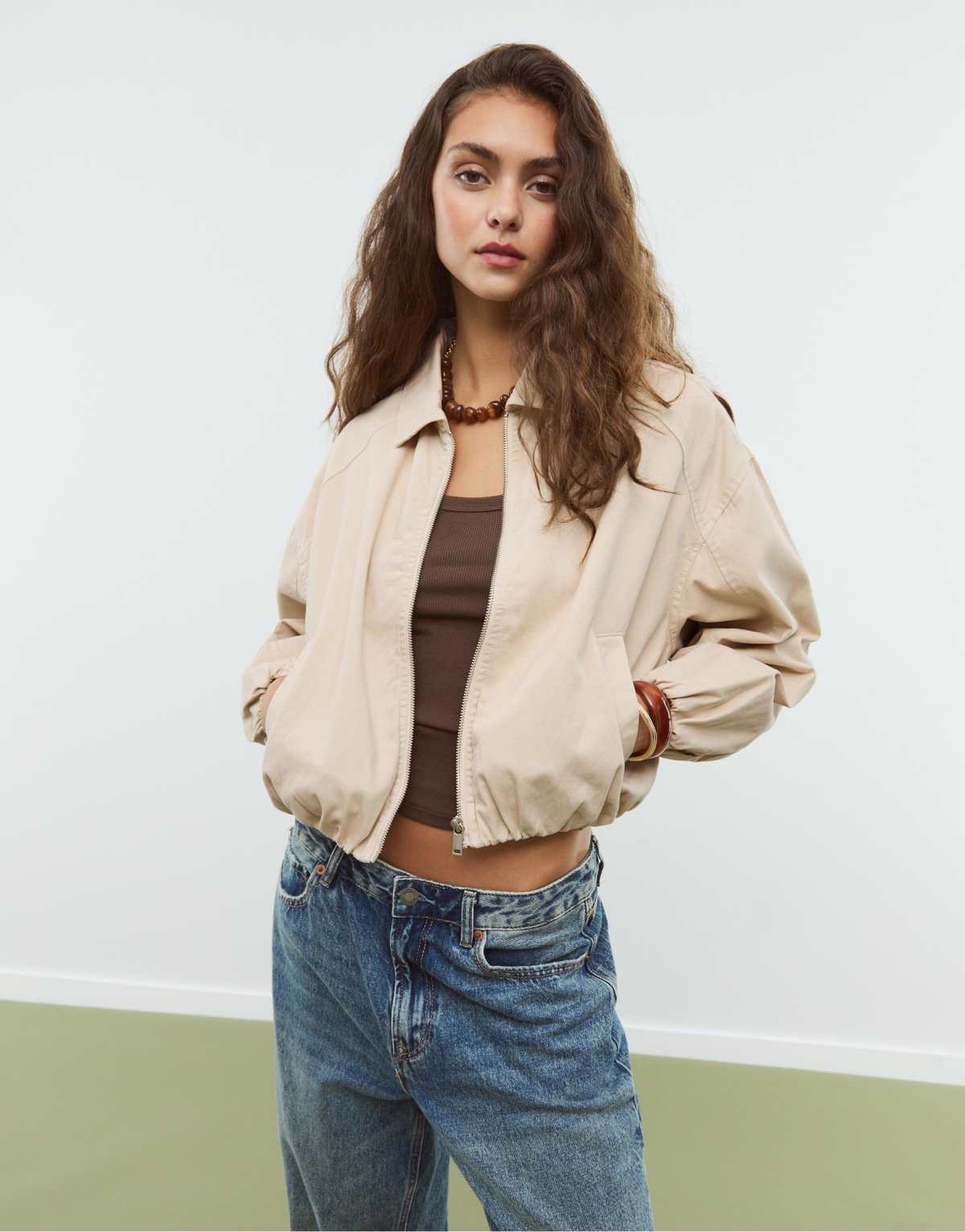 Stradivarius Twill balloon jacket in stone