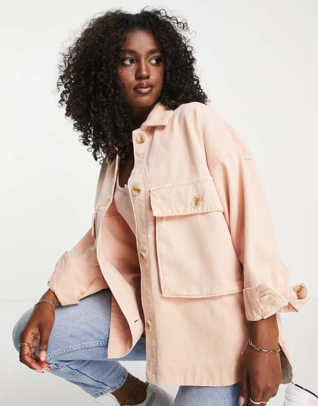 Stradivarius twill cargo oversized jacket in washed pink