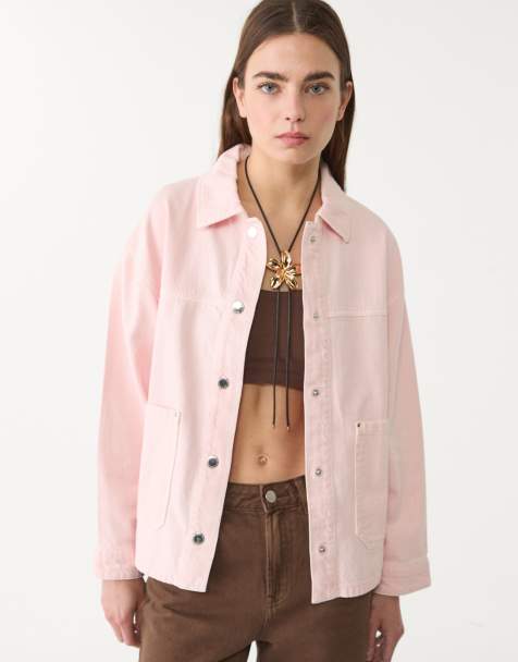 Stradivarius – Twill-Jacke in Pastellrosa mit Taschen - view 1