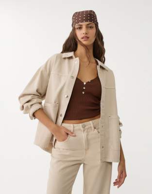 Stradivarius - Twill-Jacke in Sandbeige mit Taschen-Weiß