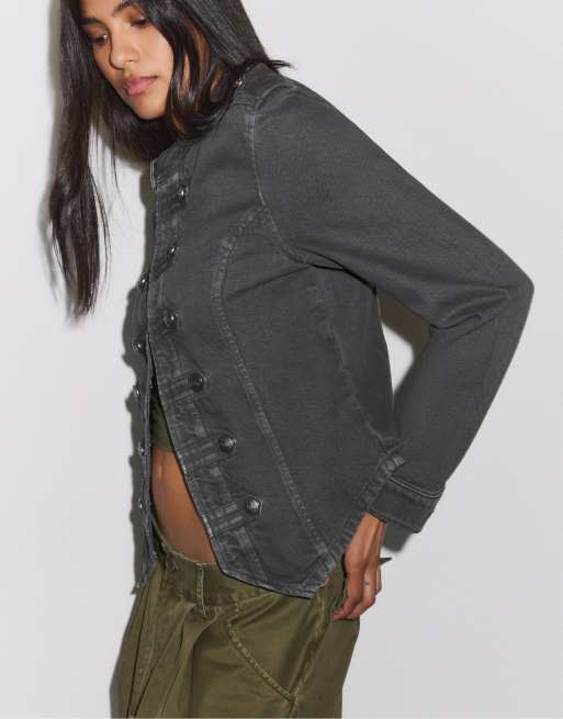 Stradivarius Twill-Jacke mit Knöpfen in Dunkelgrau, 3 von 4