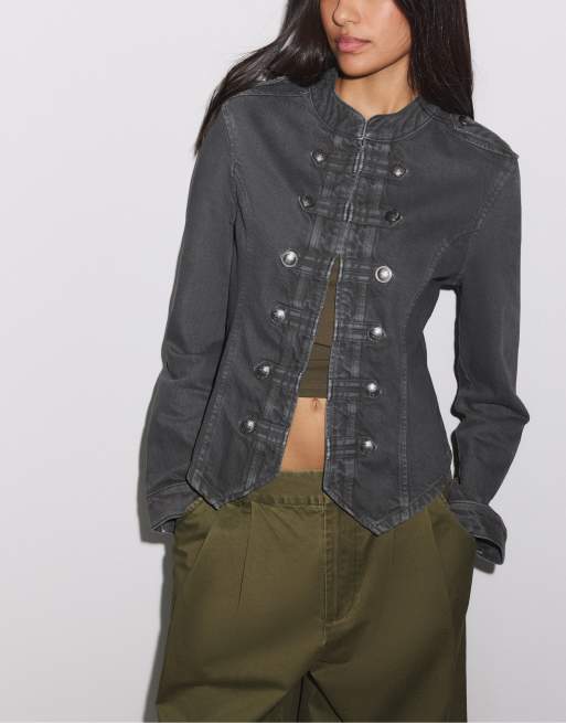 Stradivarius Twill jacket with buttons in dark grey, 2 of 4