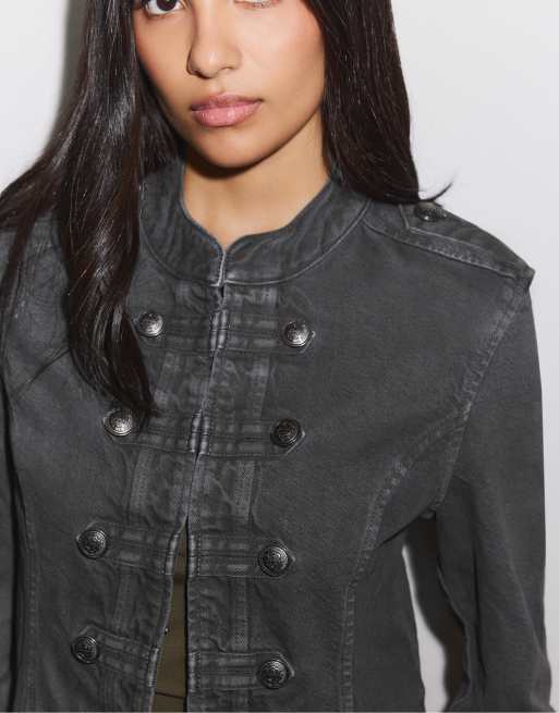 Stradivarius Twill jacket with buttons in dark grey, 4 of 4