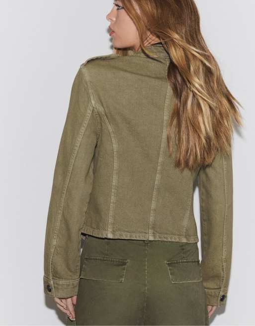 Stradivarius Twill jacket with buttons in khaki, 3 of 4