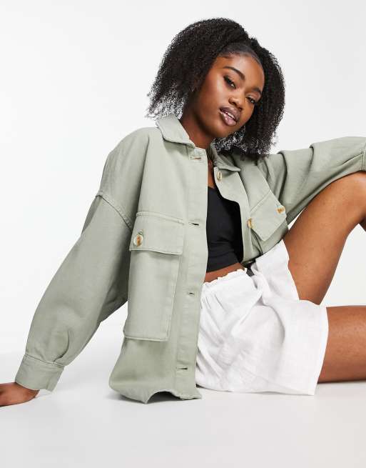 Stradivarius twill oversized cargo jacket in washed khaki | ASOS