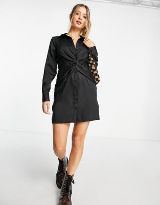twist detail satin shirt dress in black