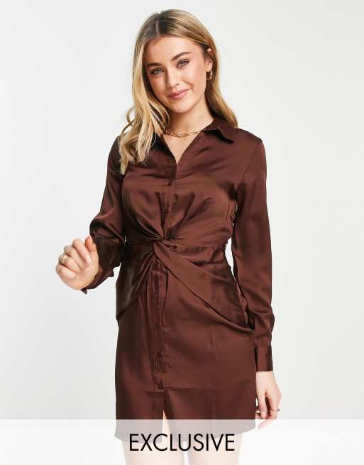 Stradivarius twist detail satin shirt dress in chocolate brown ASOS