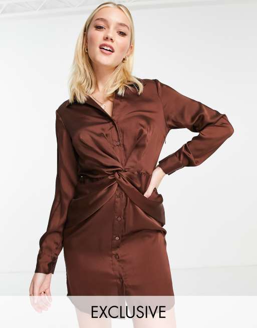 Plus Chocolate Brown Satin Shirt Dress