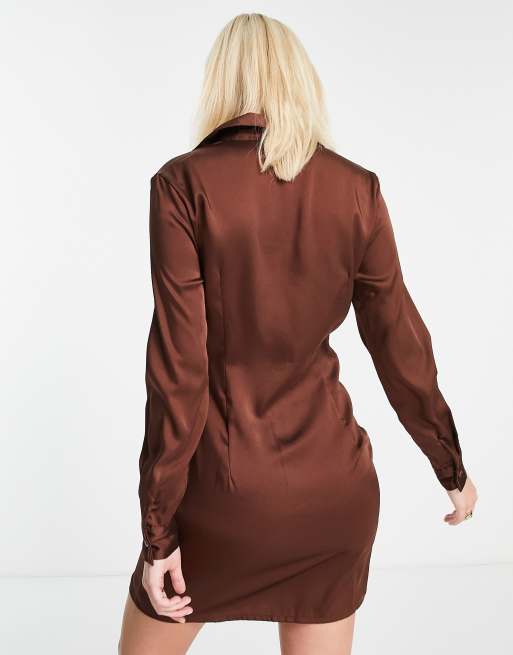 Brown satin store shirt dress