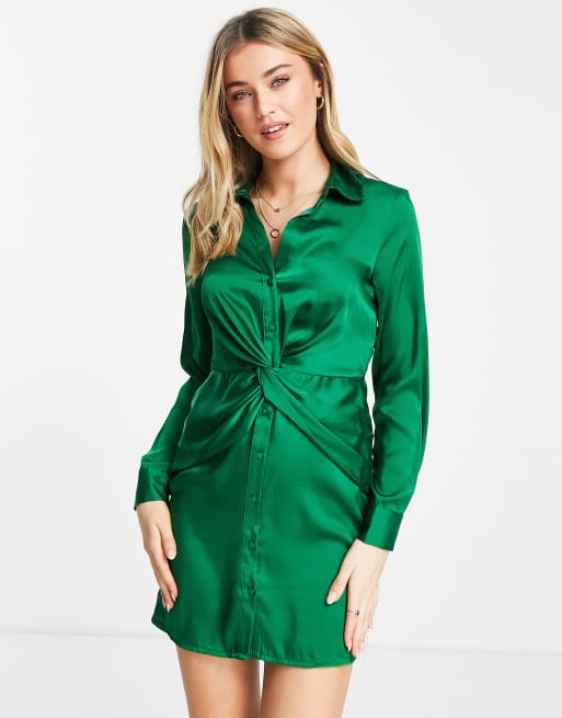 BELTED SATIN SHIRT DRESS - Emerald