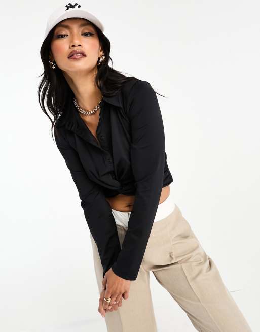 Stradivarius twist front shirt in black 