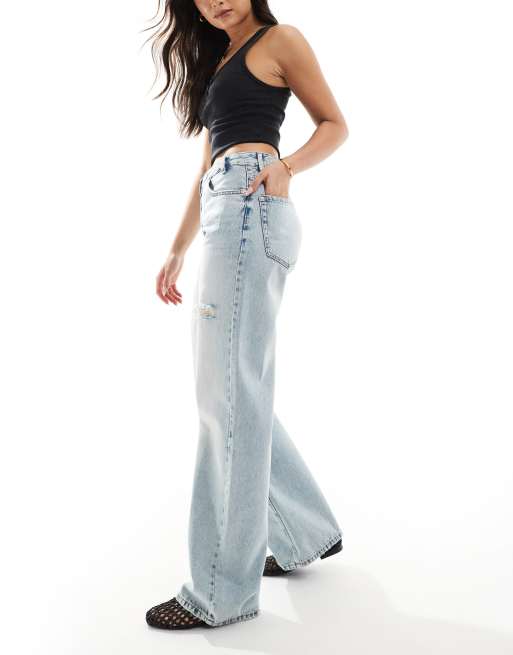 Stradivarius twist waist jeans in medium wash blue