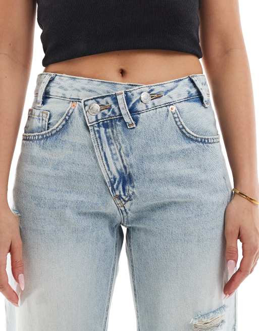 Stradivarius twist waist jeans in medium wash blue