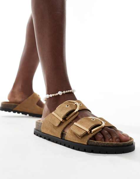 Stradivarius two strap buckle sandal in sand - view 1