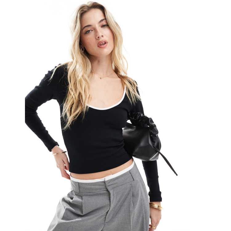 Stradivarius scoop neck long sleeve crop top in black