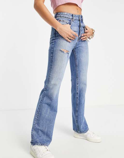 stradivarius stretch flare jean with split detail in light blue