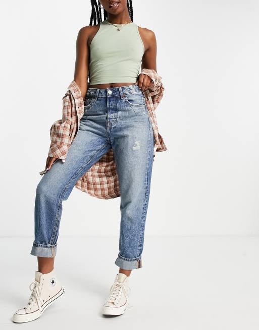 Stradivarius ultimate authentic mom jeans in mid blue  