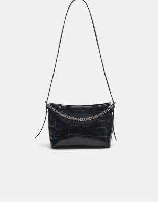 Stradivarius - Umhängetasche in Kroko-Schwarz mit Kettendetail