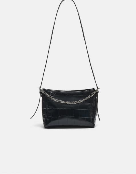 Stradivarius – Umhängetasche in Kroko-Schwarz mit Kettendetail - view 1