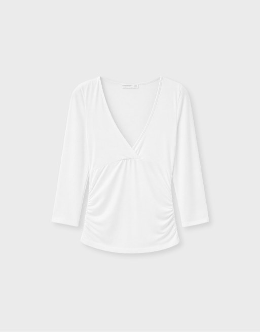 Stradivarius Under-bust seam t-shirt in ecru, 6 of 7