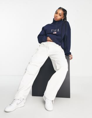 Stradivarius USA half zip sweatshirt in navy ASOS