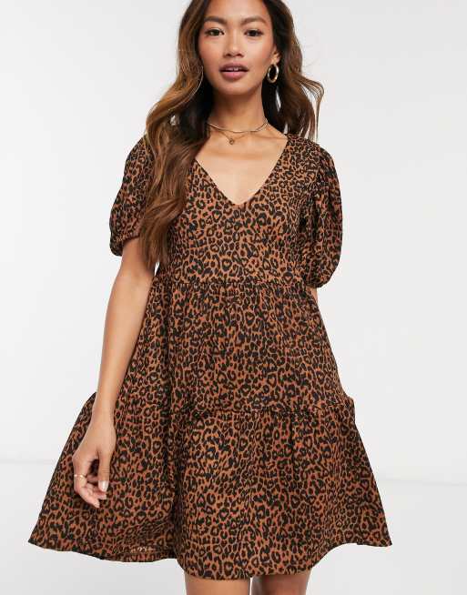 Stradivarius v-neck animal print smock dress in brown | ASOS