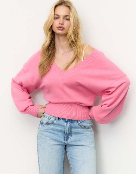 Stradivarius V-neck batwing sleeve jumper in pink