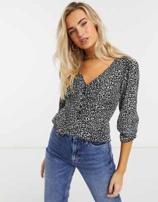 STRADIVARIUS V-NECK BLOUSE IN BLACK ANIMAL PRINT-BROWN 6057/992/1