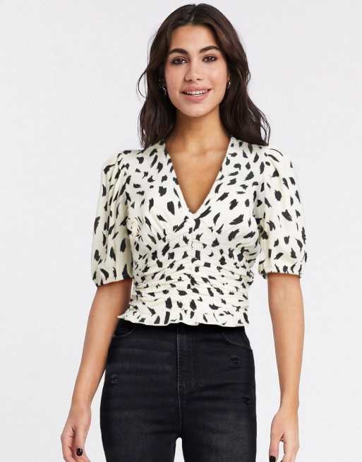 Stradivarius v neck blouse in white with print