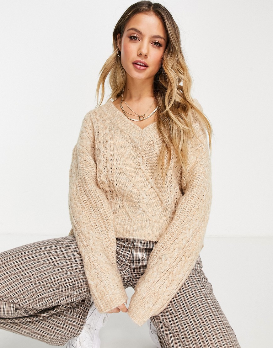 Stradivarius v-neck cable sweater in beige heather-Neutral