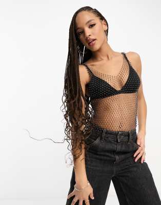 Stradivarius V Neck Embellished Net Top In Black | ModeSens