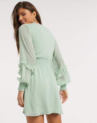 Stradivarius STR v neck shirred waist dress in mint