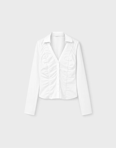Stradivarius V-neck gathered shirt in white - view 1