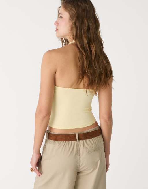 Stradivarius v neck halter top in pastel yellow