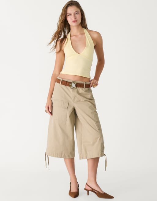 Stradivarius v neck halter top in pastel yellow