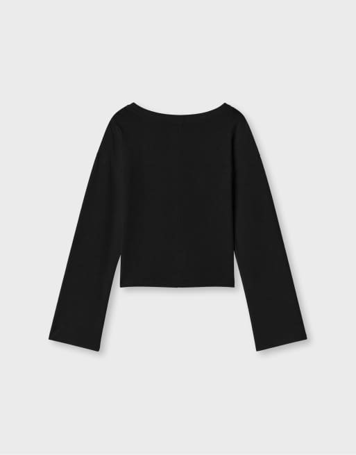 Stradivarius V-neck kimono sleeve t-shirt in black, 7 of 7