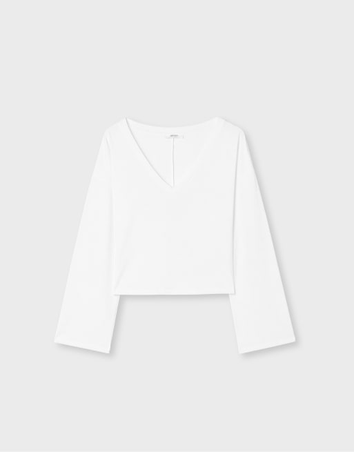 Stradivarius V-neck kimono sleeve t-shirt in ecru, 6 of 7