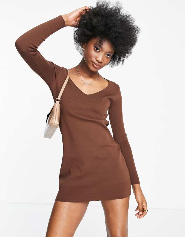 Stradivarius v-neck knit mini dress in brown