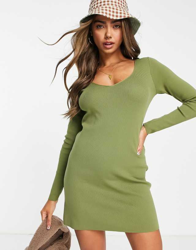 Stradivarius v-neck knit mini dress in olive green