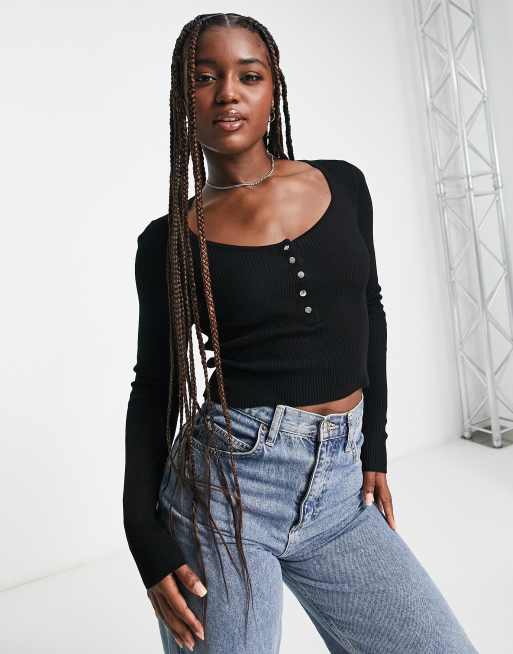 Madelia V Neck L S Knit Top Black