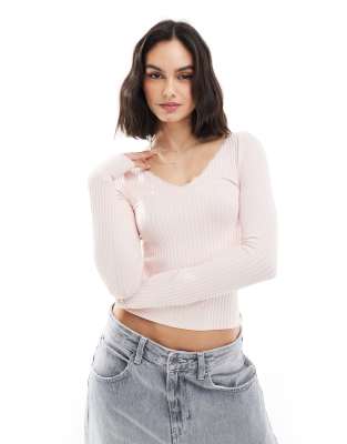 Stradivarius V Neck Long Sleeve Jersey Top In Pink