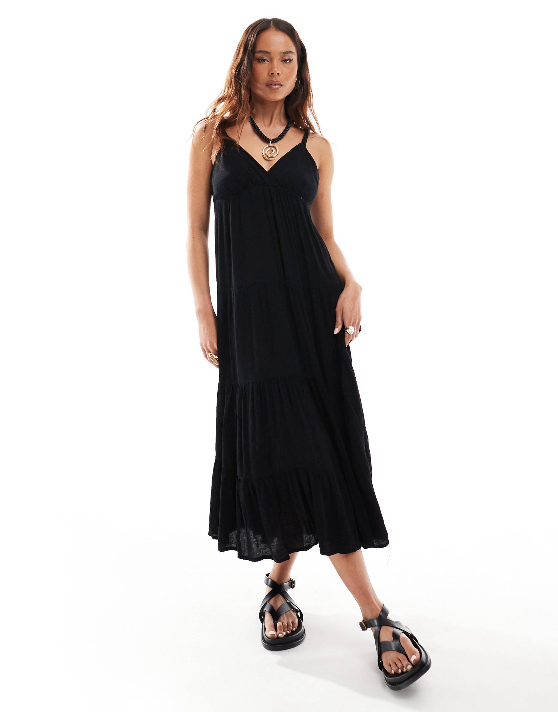 stradivarius v-neck midi dress in black