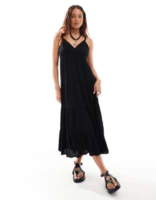 Stradivarius v neck midi dress in black