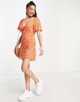 Stradivarius V Neck Mini Tea Dress In Orange Floral Print-red