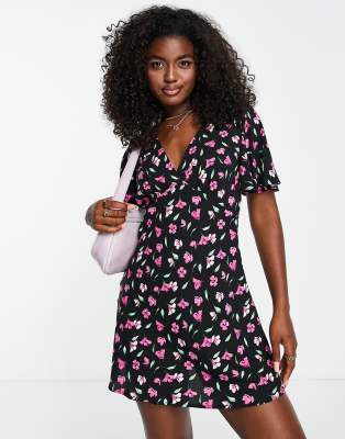 Stradivarius V Neck Mini Tea Dress In Pink Floral Print-multi