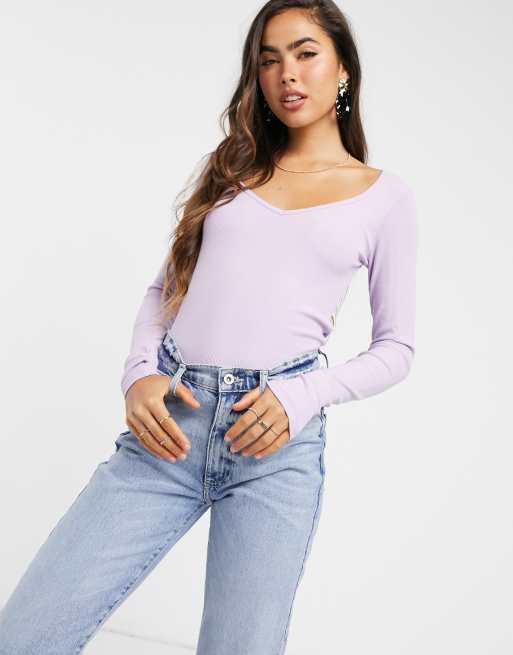 Stradivarius v-neck ribbed long sleeve top in lilac