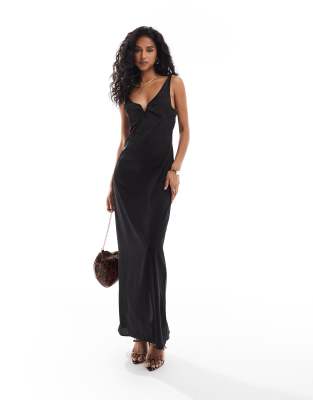 v neck satin midi dress in black