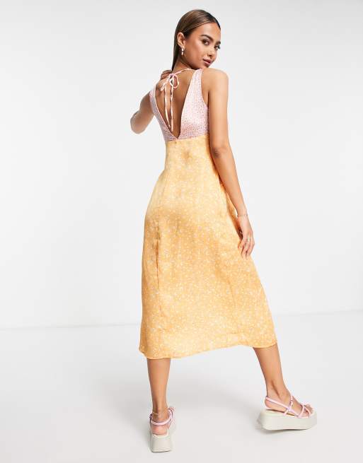 Stradivarius v neck satin midi dress in mix and match print | ASOS