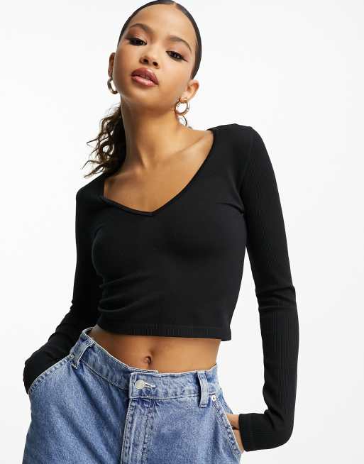 Ribbed Long Sleeve V-Neck Top Black