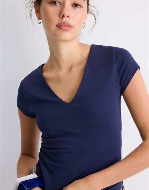 Stradivarius V-neck short sleeve t-shirt in navy blue - view 1